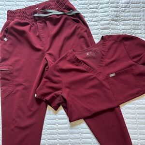Figs Maroon Catarina One Pocket Scrub Top & Zamora High Waisted Joggers